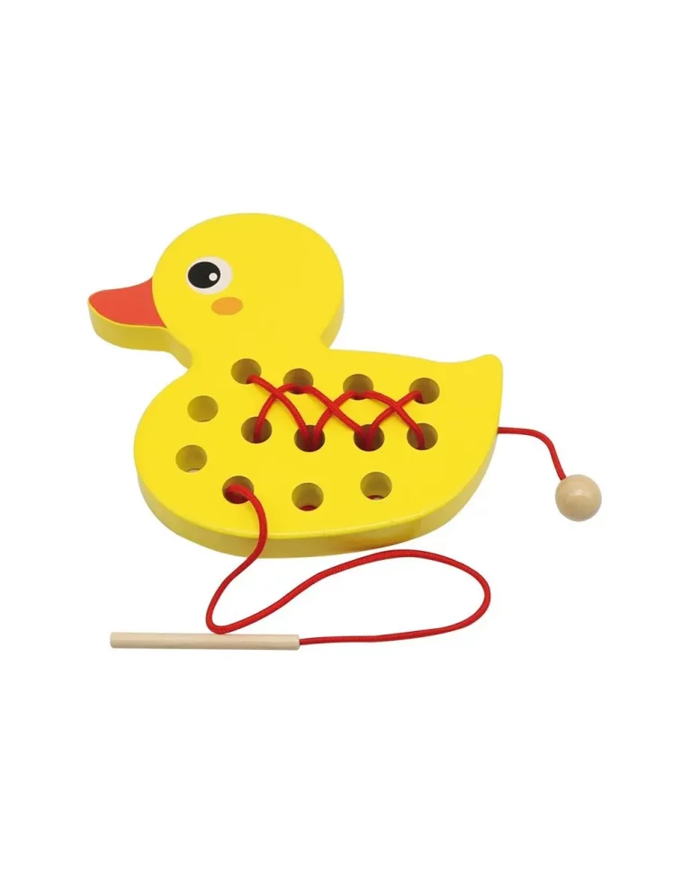 Juego de enhebrado con pato de madera natural para motricidad fina