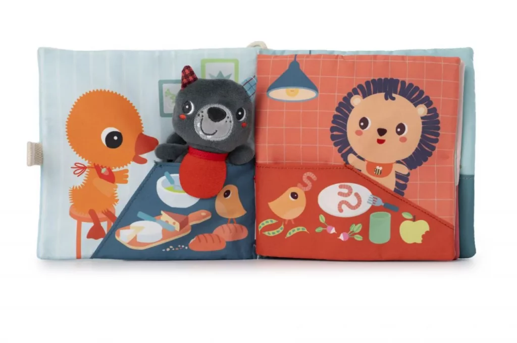 Libro de tela Buen Provecho Louis con texturas y marioneta de lobo.